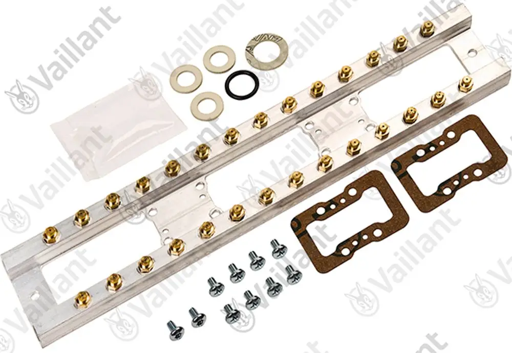 Vaillant Komponenten-Set bestehend aus einer Aluminium-Platte mit montierten Düsen, zwei Dichtungen, Unterlegscheiben und Schrauben.